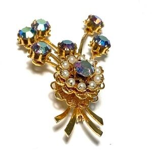 Vintage Brooch Pin Glass Rhinestones Faux Pearls Statement Estate